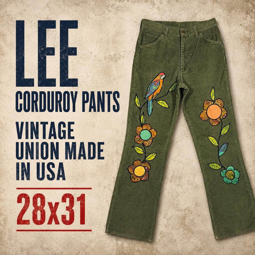 Vintage Lee Corduroy Pants 28x31 Green Boho Patchwork Floral Parrot Union Made